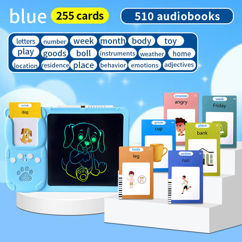 Blue (255 cards, pure English) Kids Interactive Early Education Toy: Combination Card Reader &amp; LCD Drawing Board for Toddlers