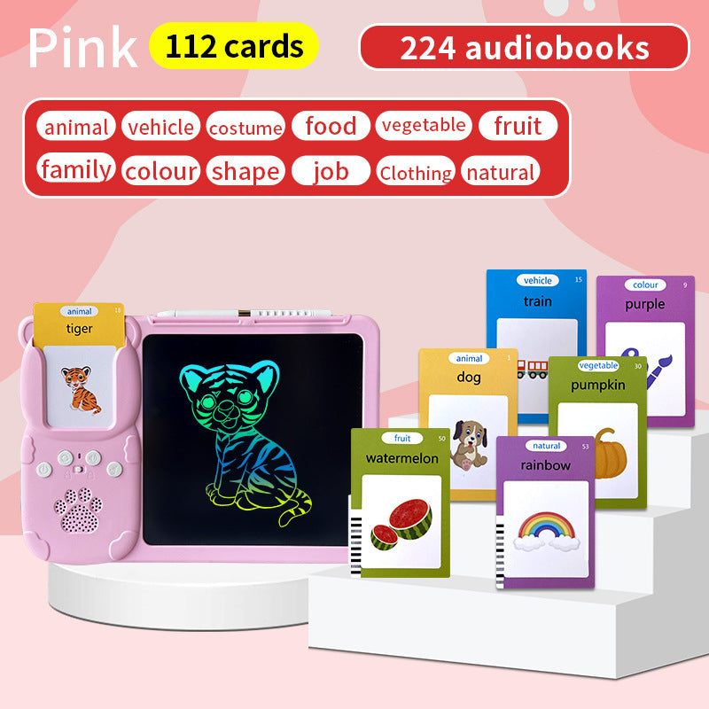 Pink (112 cards, pure English) Kids Interactive Early Education Toy: Combination Card Reader &amp; LCD Drawing Board for Toddlers