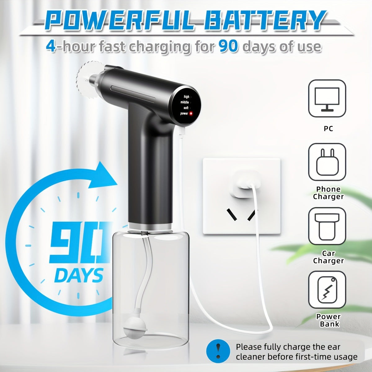 Blue Electric Earwax Irrigator Set - Gentle and effective earwax cleaner with collection basin and earplugs