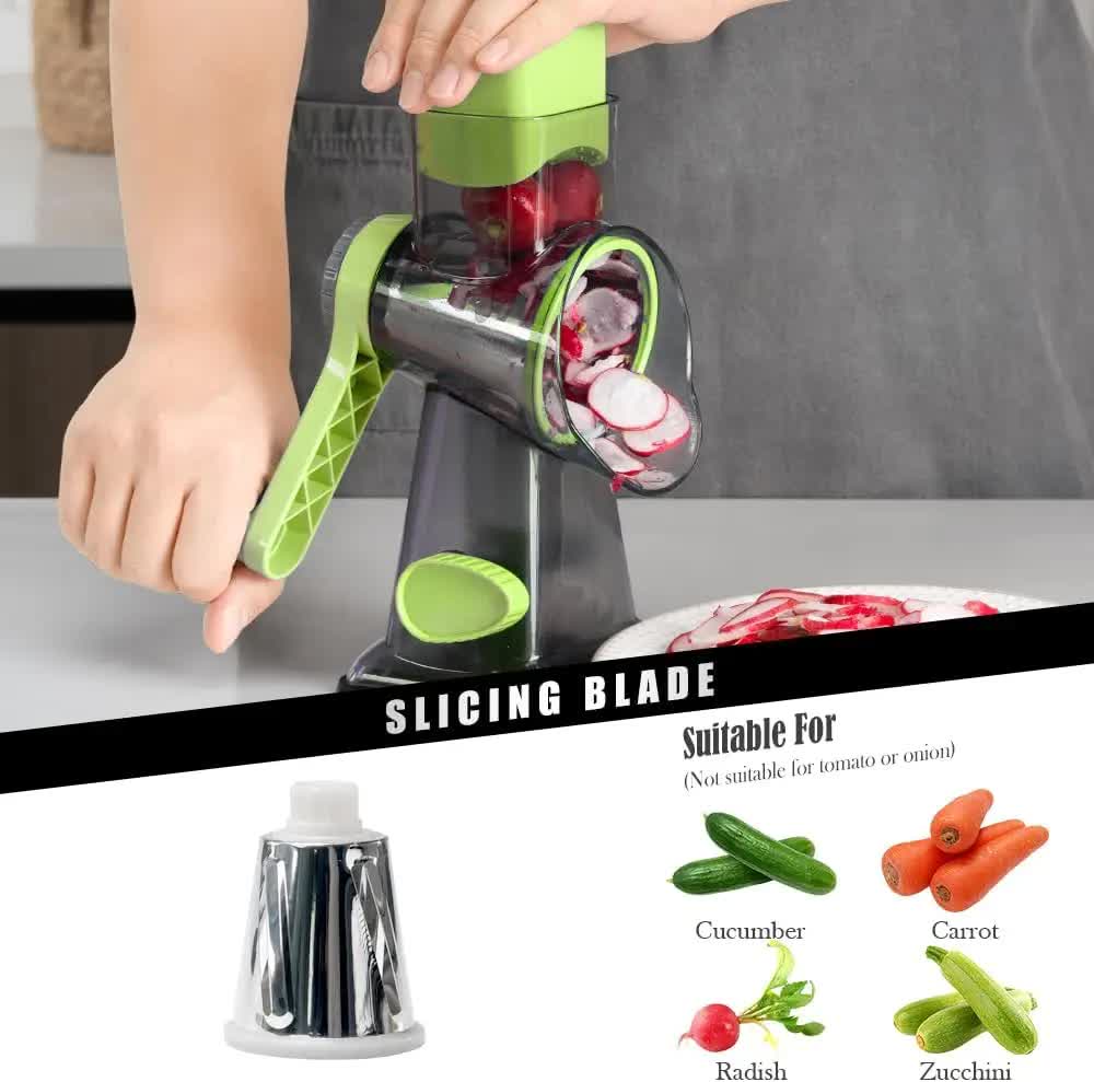 Green Rotary Cheese Grater & Vegetable Slicer - Manual Shredder with 3 Interchangeable Drums