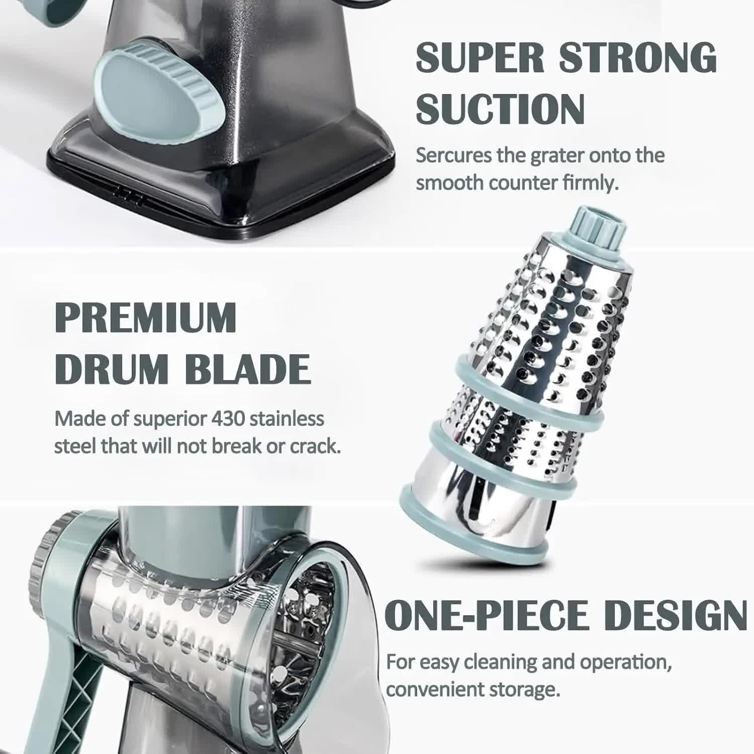 Green Rotary Cheese Grater & Vegetable Slicer - Manual Shredder with 3 Interchangeable Drums