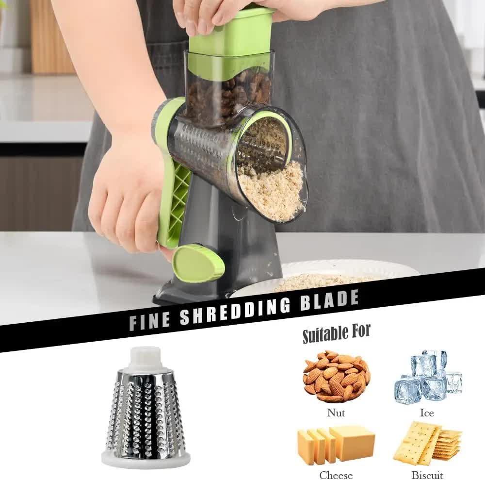Green Rotary Cheese Grater & Vegetable Slicer - Manual Shredder with 3 Interchangeable Drums