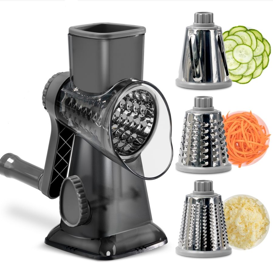 Grey Rotary Cheese Grater &amp; Vegetable Slicer - Manual Shredder with 3 Interchangeable Drums