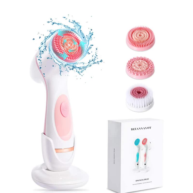 Pink Waterproof Facial Cleansing Spin Brush Set - Rechargeable with 3 Heads &amp; Charging Stand