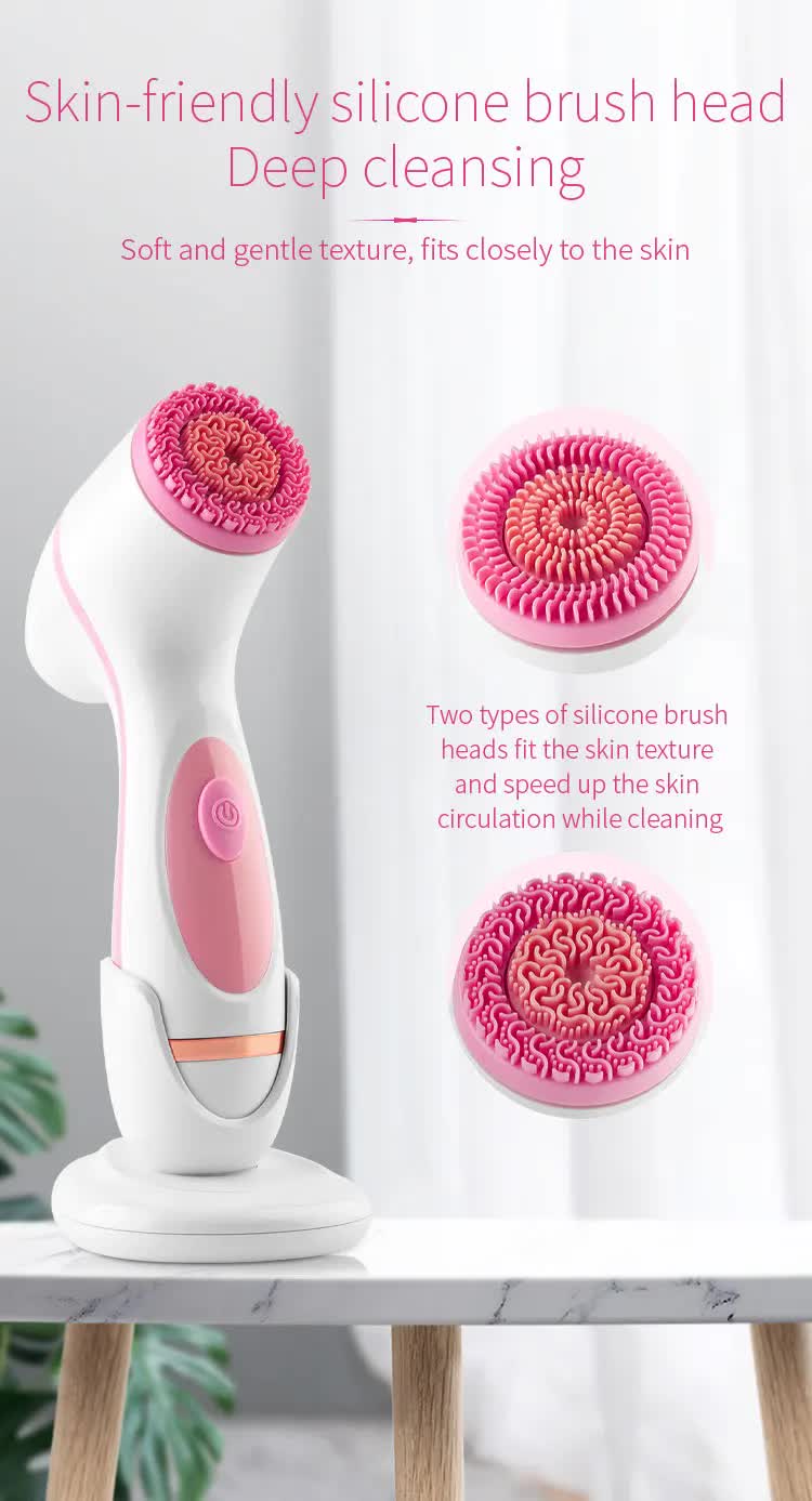 Pink Waterproof Facial Cleansing Spin Brush Set - Rechargeable with 3 Heads & Charging Stand