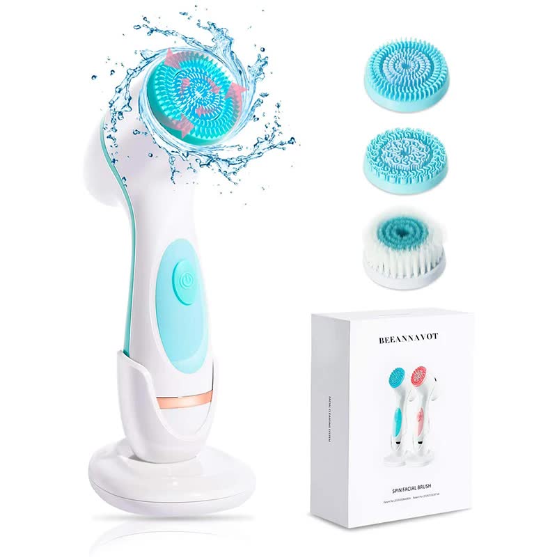 Blue Waterproof Facial Cleansing Spin Brush Set - Rechargeable with 3 Heads &amp; Charging Stand