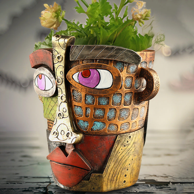 Abstract Face Planter Pot - Artistic Resin Decor for Succulents & Plants (Antique Style - 12.5*12*9CM)