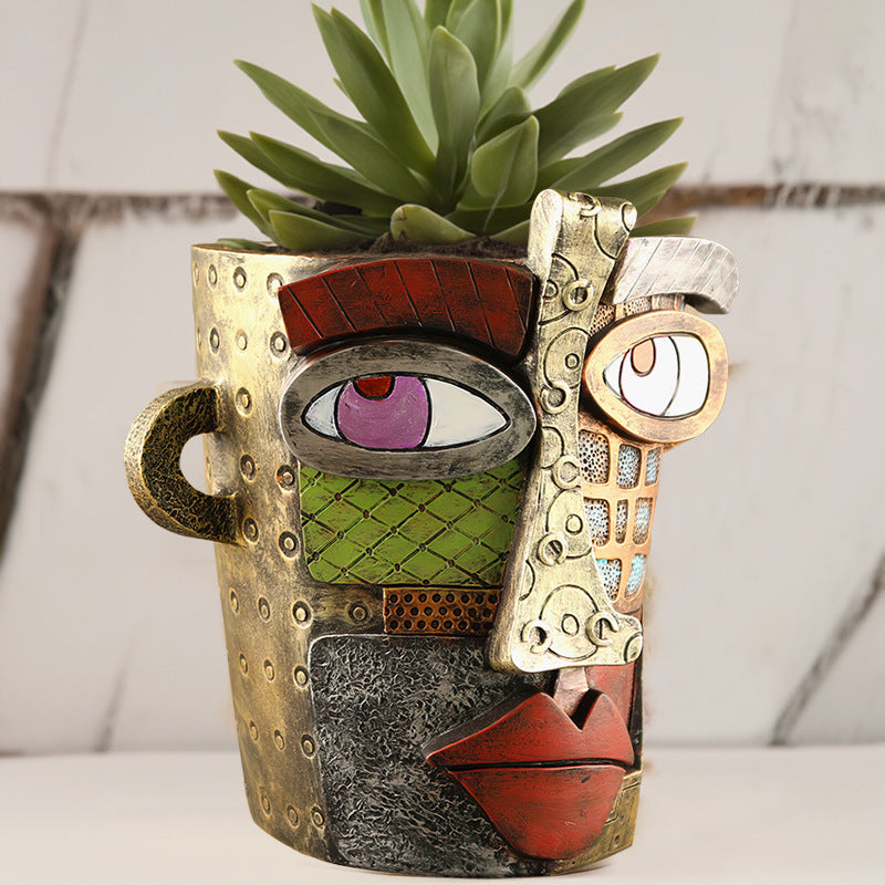 Abstract Face Planter Pot - Artistic Resin Decor for Succulents & Plants (Antique Style - 12.5*12*9CM)