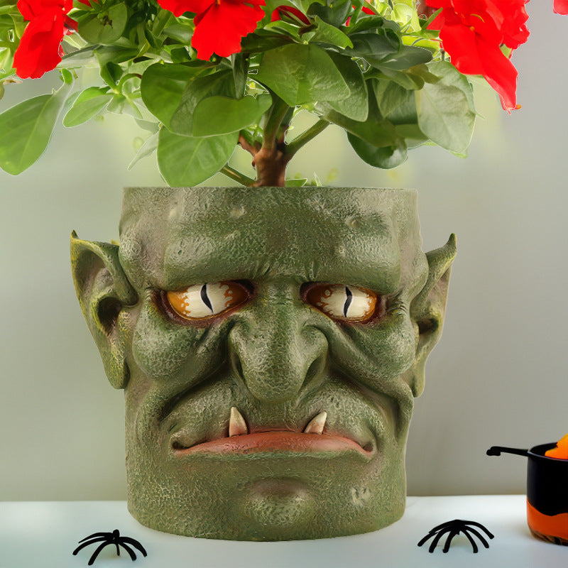 Green Unique Goblin Head Planter Pot - Resin Monster Face for Succulents &amp; Decor (Style 1)