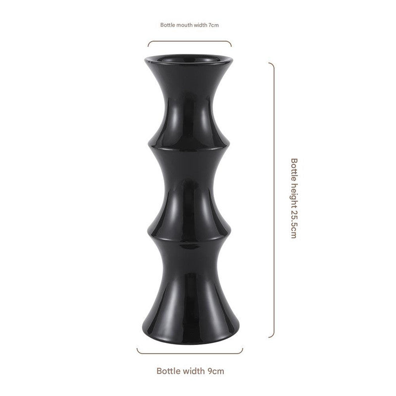 Glossy Black Ceramic Vase - Unique Bamboo-Look Design (25.5x9x7cm)