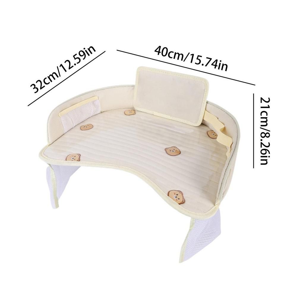 Kids Car Seat Travel Tray - Waterproof Lap Desk with Storage Pockets (Beige Bear - Round)