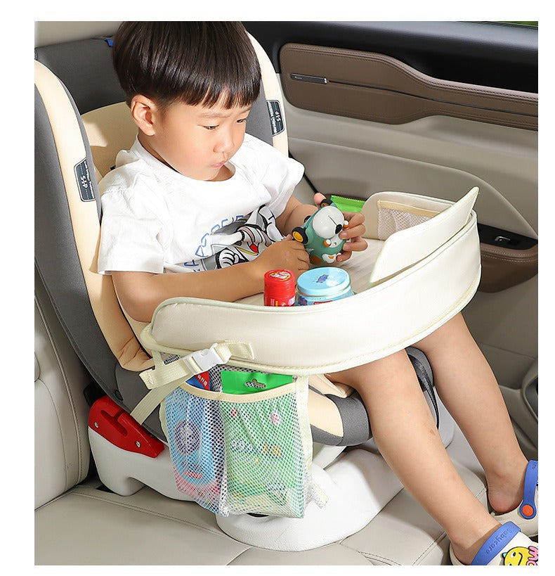 Kids Car Seat Travel Tray - Waterproof Lap Desk with Storage Pockets (Beige Bear - Round)