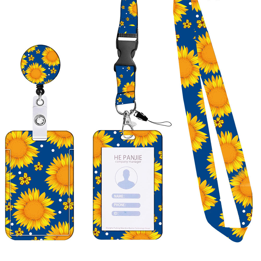2-pcs Retractable ID Badge Reel Lanyard Set with Vertical Hard Plastic Card Holder - Blue Yellow Floral (Style 1)