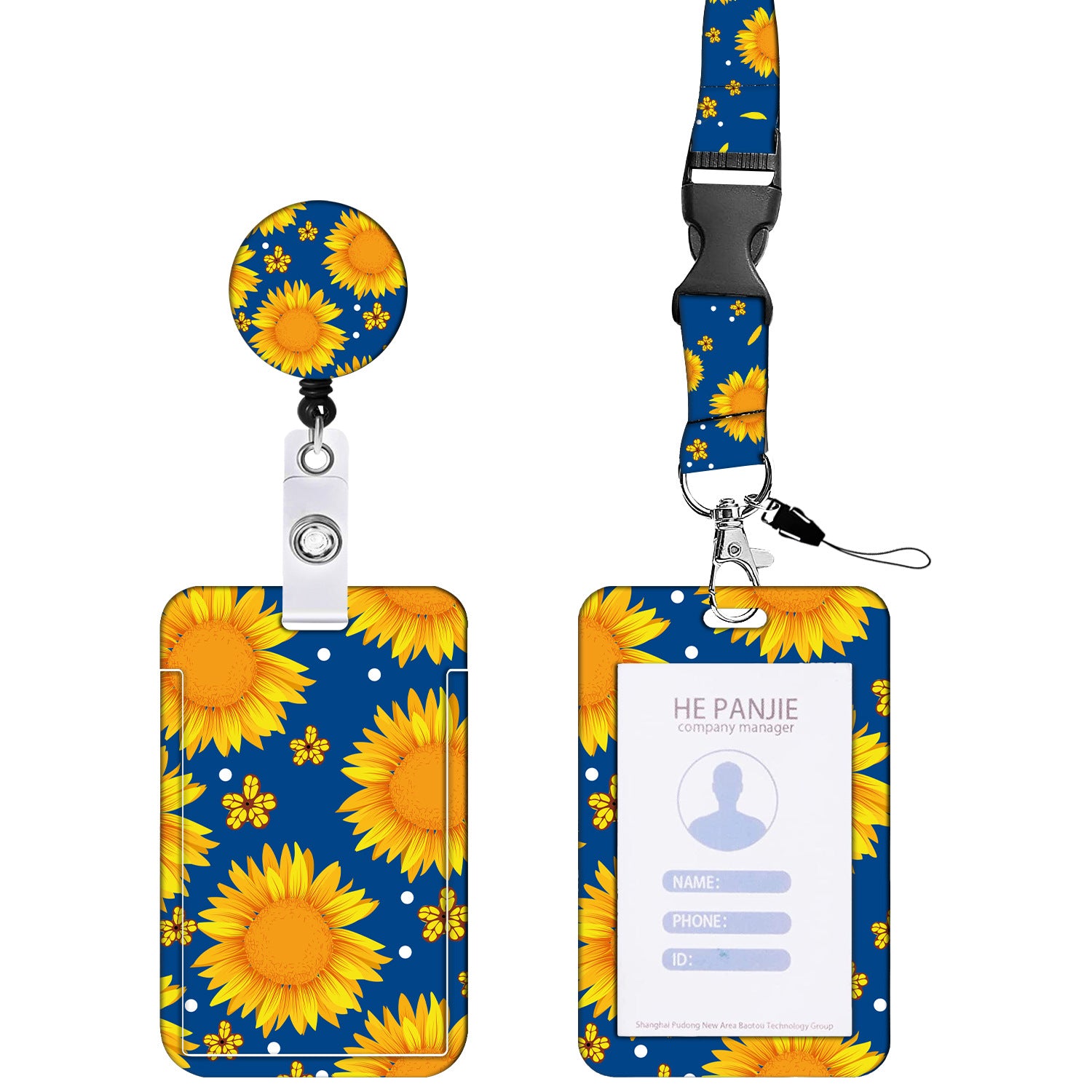 2-pcs Retractable ID Badge Reel Lanyard Set with Vertical Hard Plastic Card Holder - Blue Yellow Floral (Style 1)
