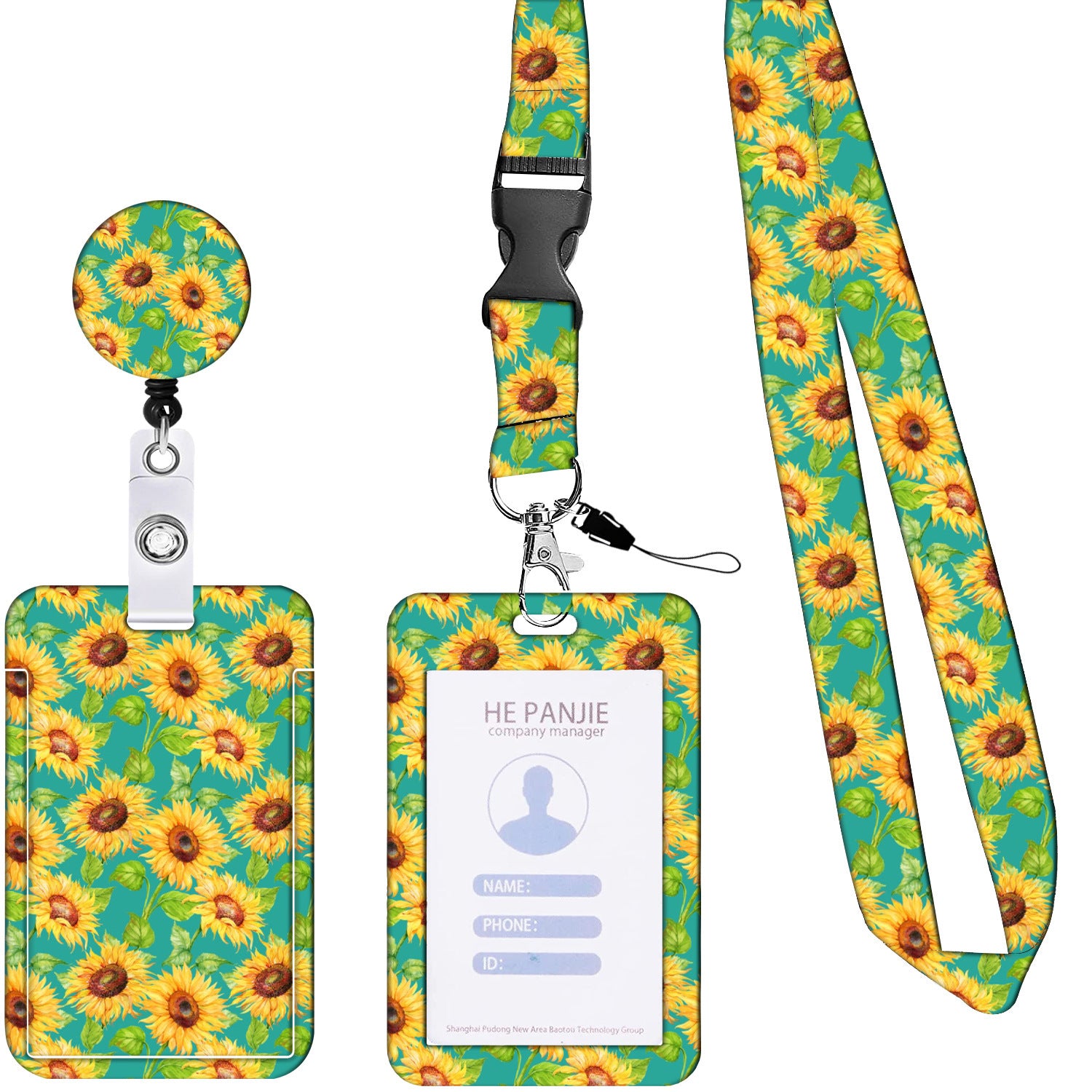 2-pcs Retractable ID Badge Reel Lanyard Set with Vertical Hard Plastic Card Holder - Green sunflowers (Style 2)