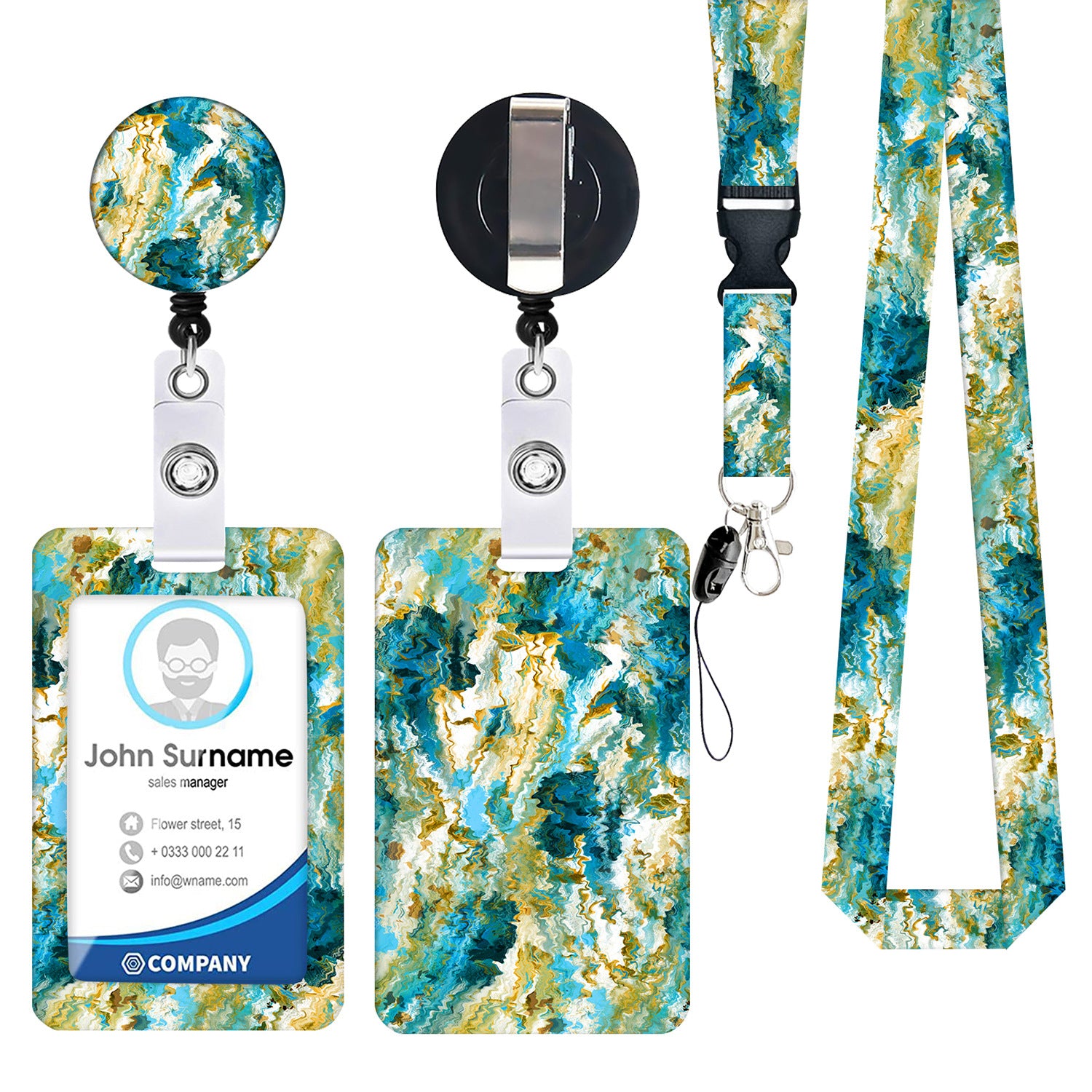 2-pcs Retractable ID Badge Reel Lanyard Set with Vertical Hard Plastic Card Holder - Blue rock patterns (Style 3)