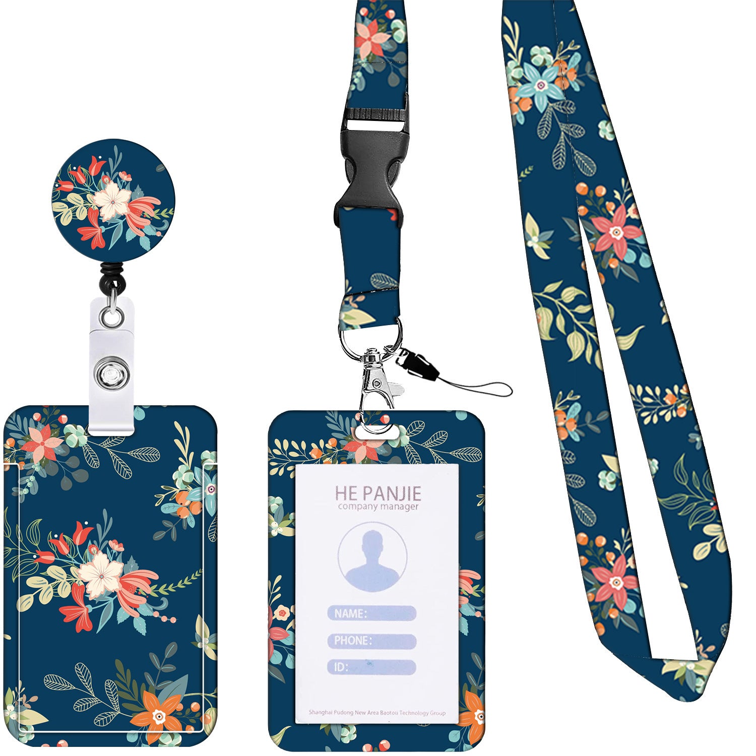 2-pcs Retractable ID Badge Reel Lanyard Set with Vertical Hard Plastic Card Holder - Blue flowers and plants (Style 4)