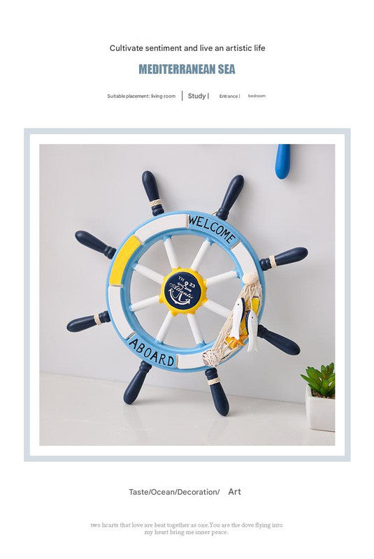 Nautical Wooden Rudder Wall Decor - 34cm Coastal Home Decor Accent (Light blue pull net rudder)