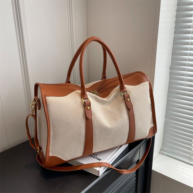 Brown Contrast Color Women's Travel Bag - Canvas &amp; PU Leather Trim Luggage (43x27x19cm)