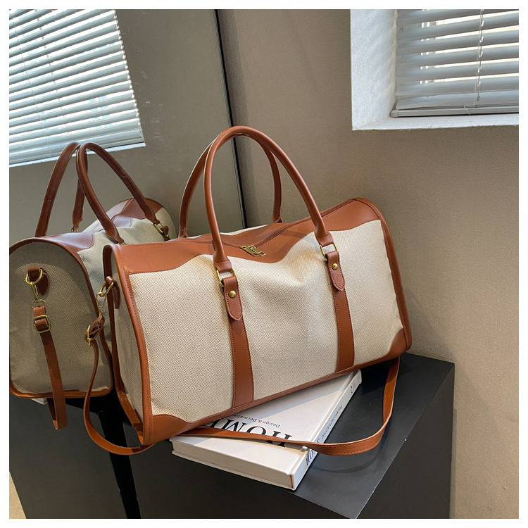 Brown Contrast Color Women's Travel Bag - Canvas & PU Leather Trim Luggage (43x27x19cm)