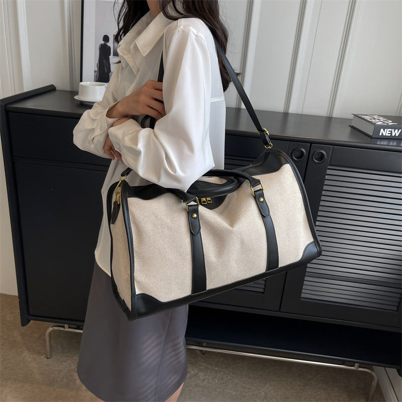 Black Contrast Color Women's Travel Bag - Canvas &amp; PU Leather Trim Luggage (32x21x14cm)