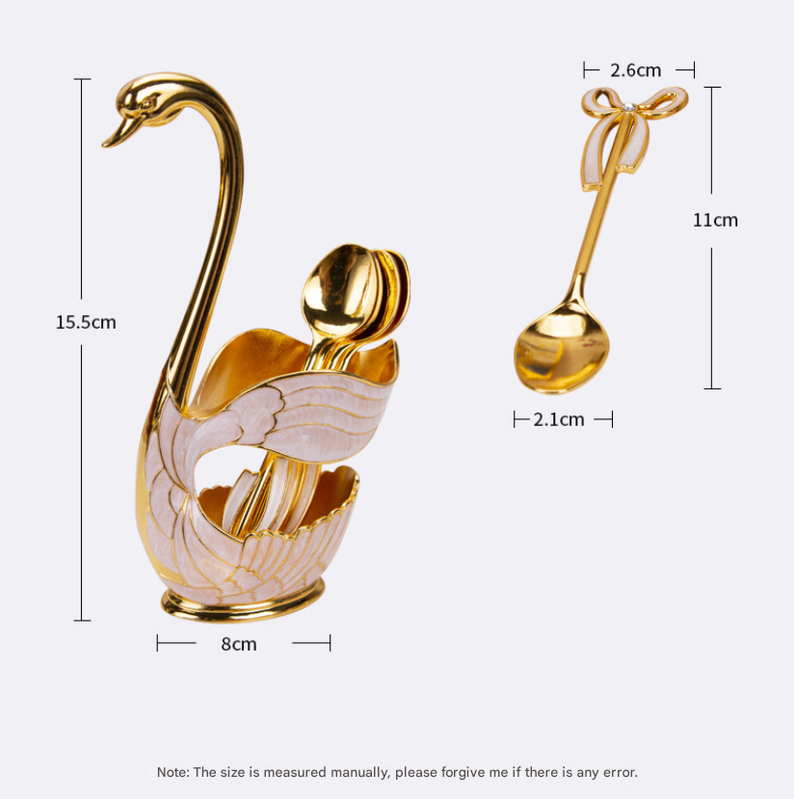 Elegant Swan Base Spoon Holder Set with 6 Coffee/Dessert Spoons(Gold and white spoon)