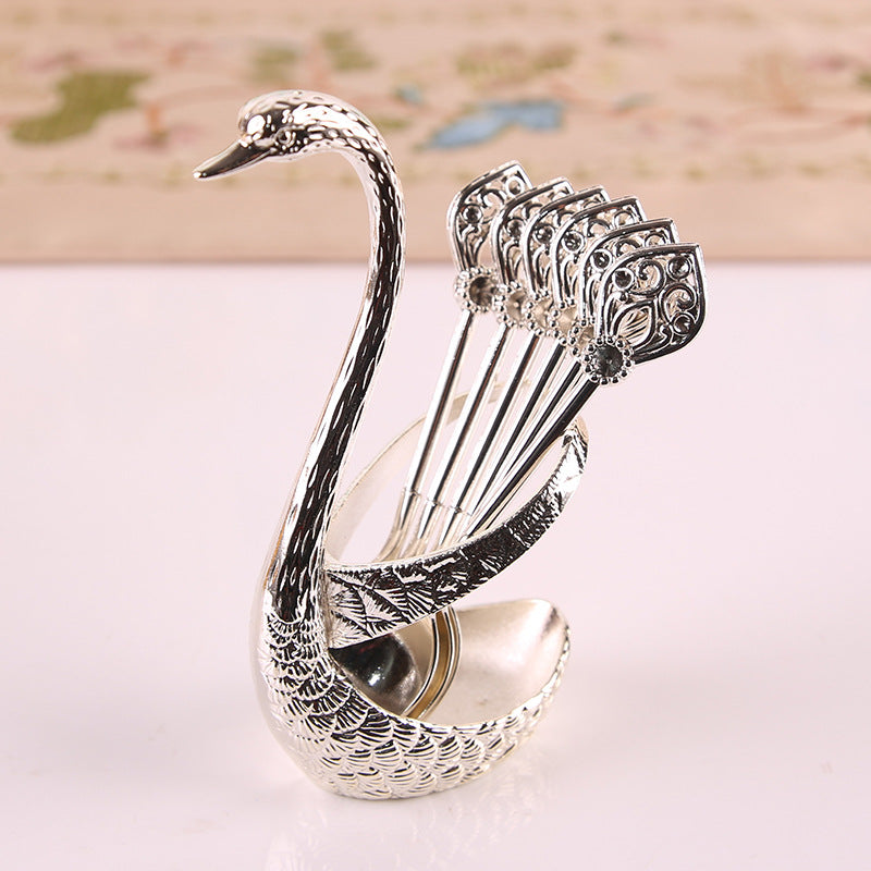 Silver Elegant Swan Cutlery Holder Set with 6 Dessert Spoons