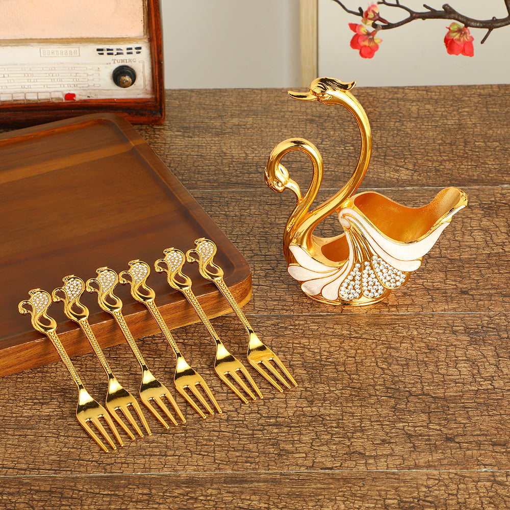 Gold Elegant Double Swan Cutlery Holder Set with 6pcs Fork