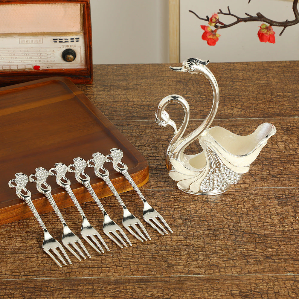 Silver Elegant Double Swan Cutlery Holder Set with 6pcs Fork
