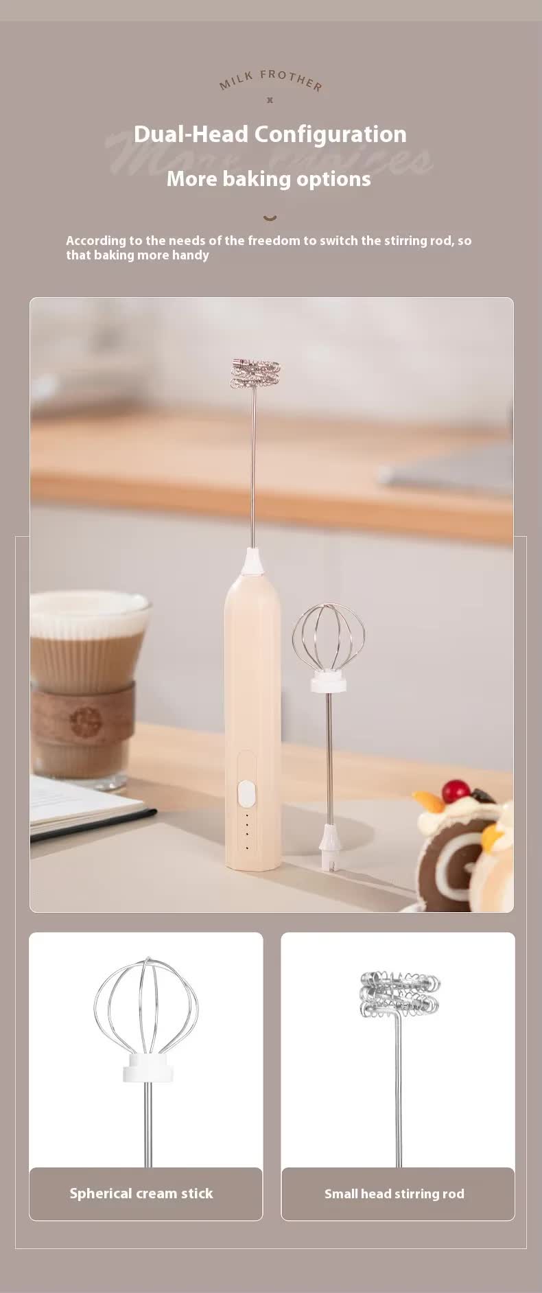 Black Mini Hand Mixer with Frother & Balloon Whisk Heads - Rechargeable Kitchen Tool