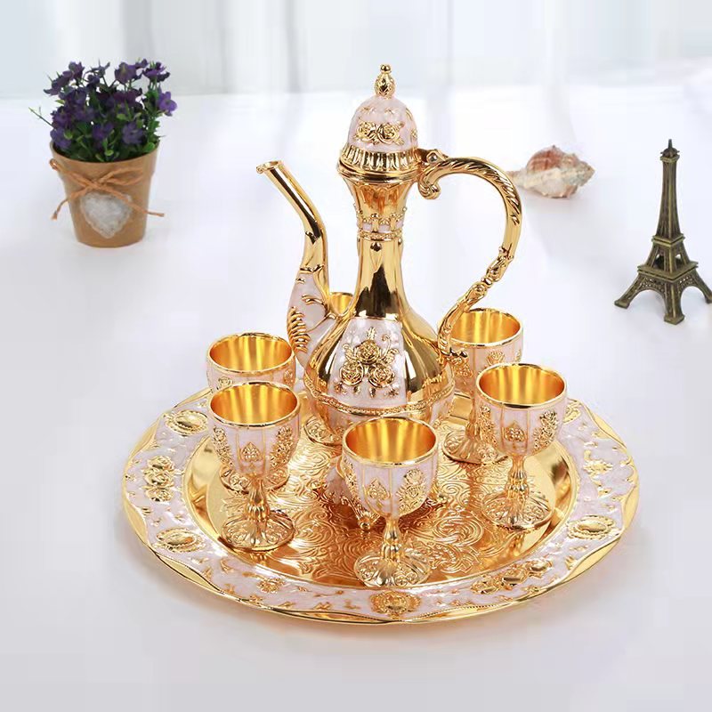 Vintage Palace Style Liquor Serving Set - Metal Pot, 6 Cups &amp; Tray (White Gold)