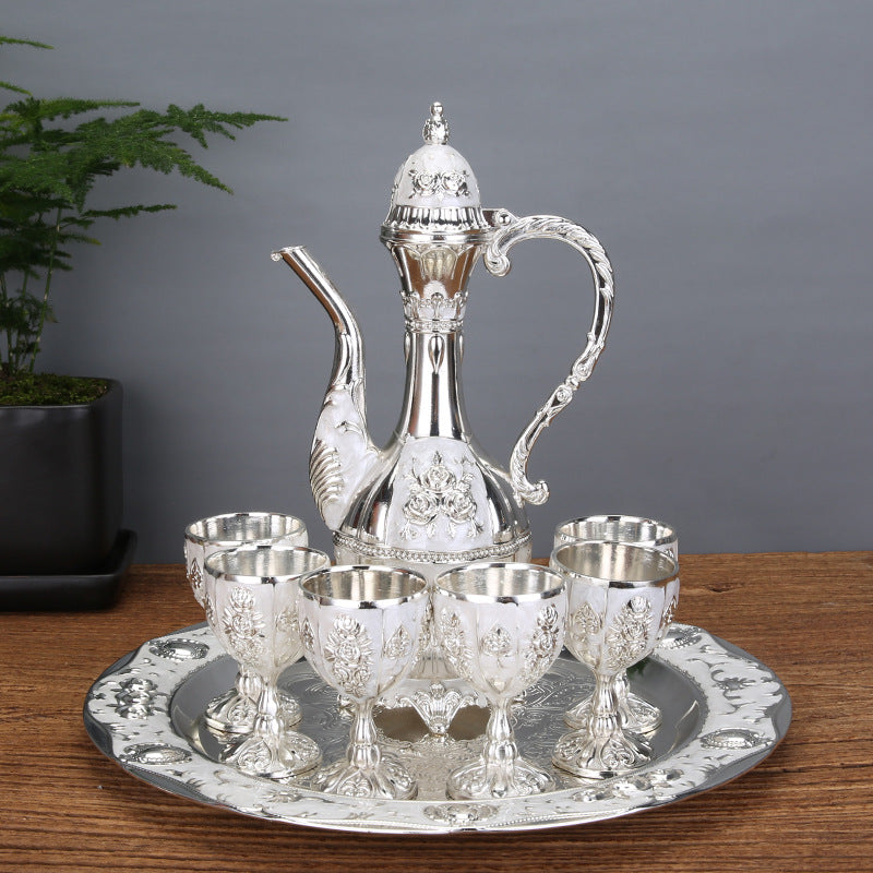 Vintage Palace Style Liquor Serving Set - Metal Pot, 6 Cups &amp; Tray (Silver)