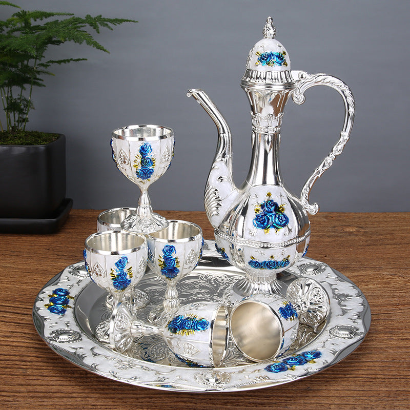 Vintage Palace Style Liquor Serving Set - Metal Pot, 6 Cups & Tray (Silvery blue rose)