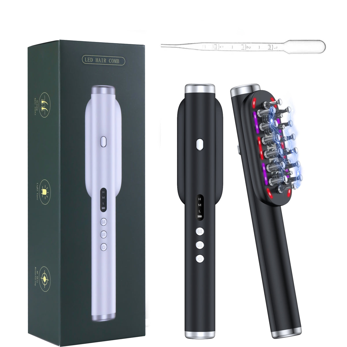 Black Vibrating Scalp Massager Comb - LED Therapy &amp; Oil Infuser for Hair Growth