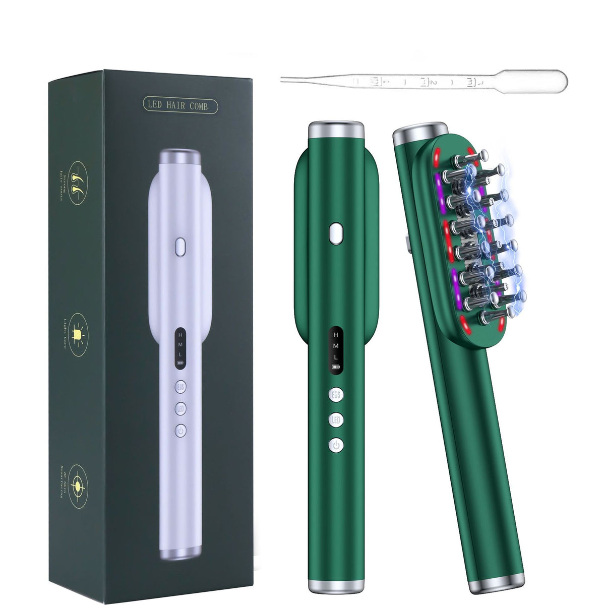 Green Vibrating Scalp Massager Comb - LED Therapy &amp; Oil Infuser for Hair Growth