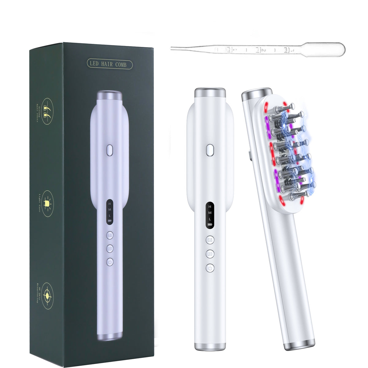White Vibrating Scalp Massager Comb - LED Therapy &amp; Oil Infuser for Hair Growth