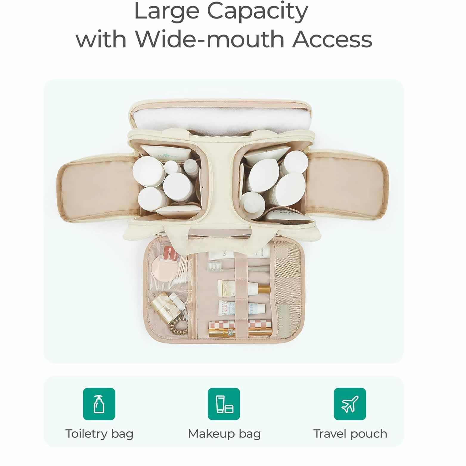 White Puffy Travel Wash Bag with Wide-Mouth Access and Wet-Dry Pockets