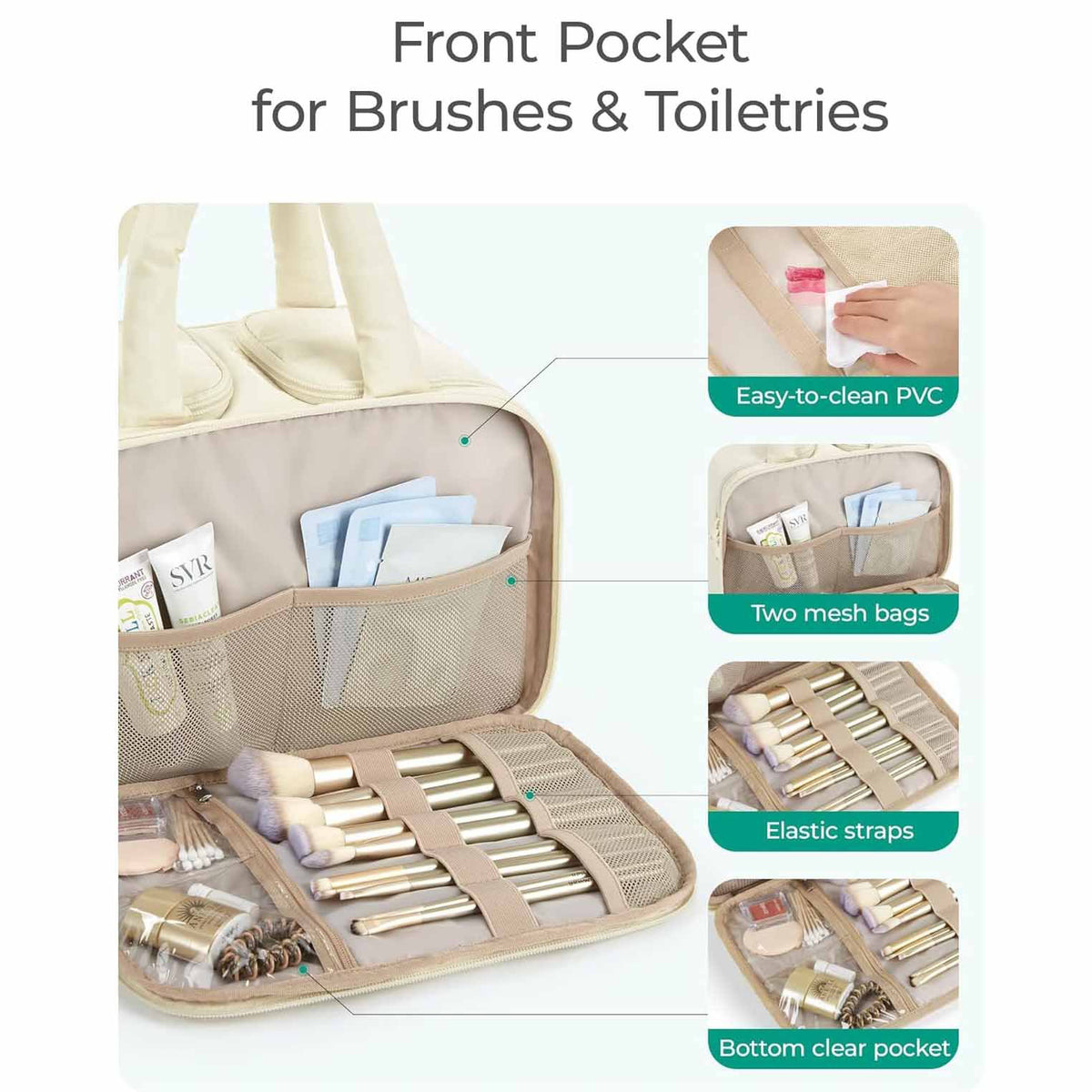 Peach Puffy Travel Wash Bag with Wide-Mouth Access and Wet-Dry Pockets