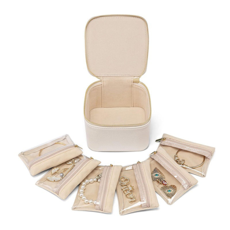 White Compact Travel Jewelry Box with 6 Individual Velvet Zipper Pouches