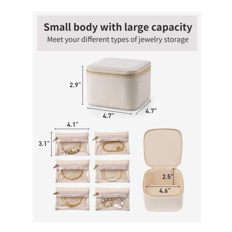 White Compact Travel Jewelry Box with 6 Individual Velvet Zipper Pouches