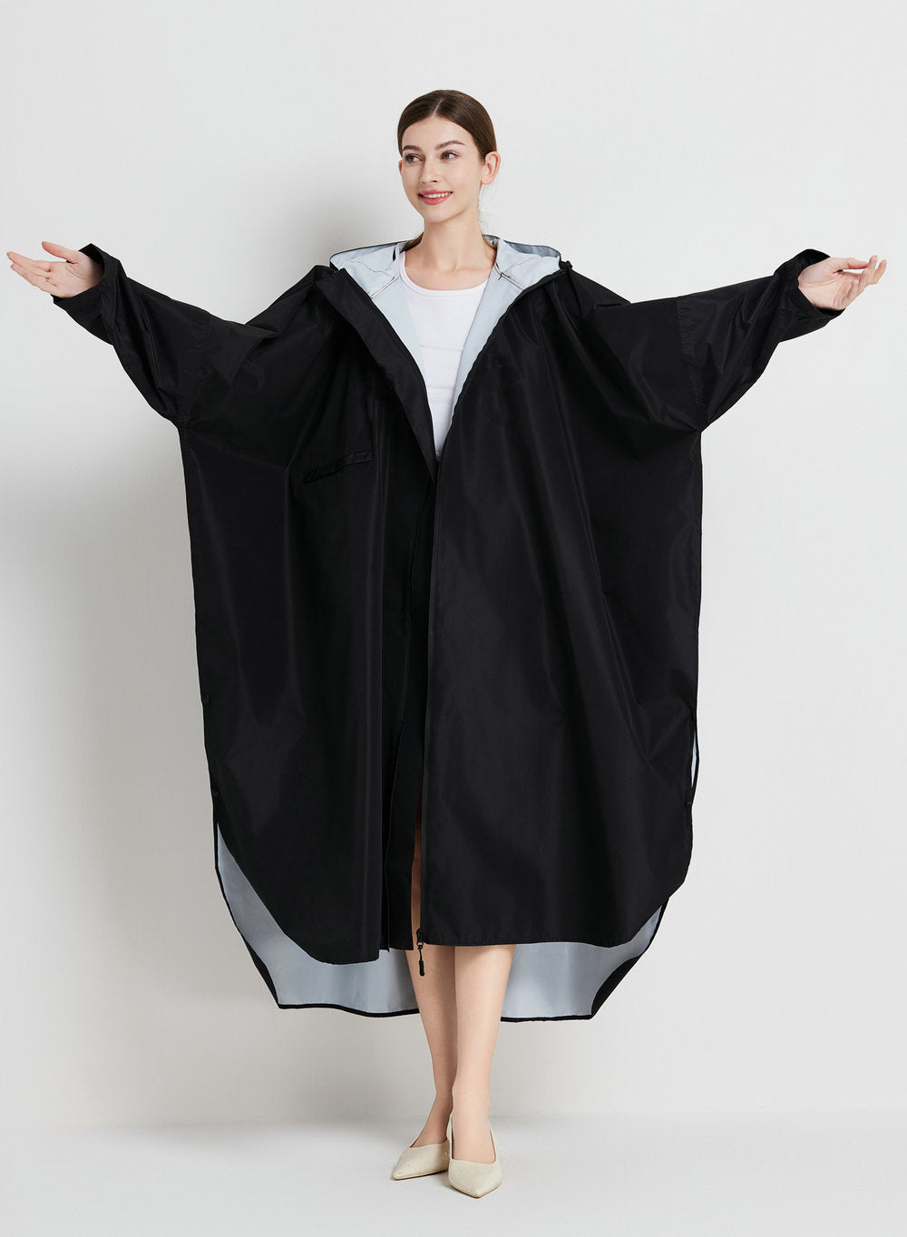 Black Stylish Waterproof Raincoat Poncho - Long, Packable for Outdoor Travel &amp; Hiking