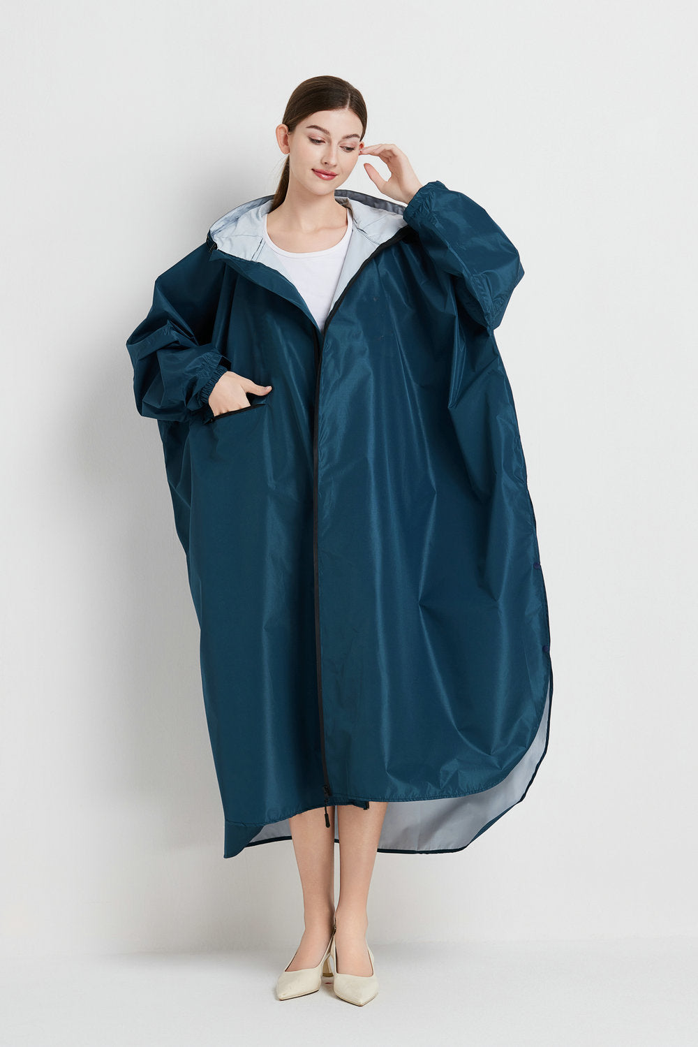Sea blue Stylish Waterproof Raincoat Poncho - Long, Packable for Outdoor Travel &amp; Hiking