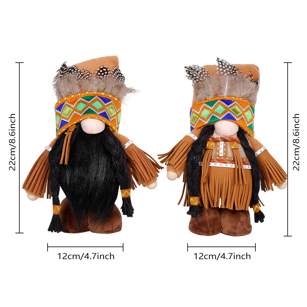 Plush Thanksgiving Dolls - Faceless Figures with Fringe & Braids (Set of 2)