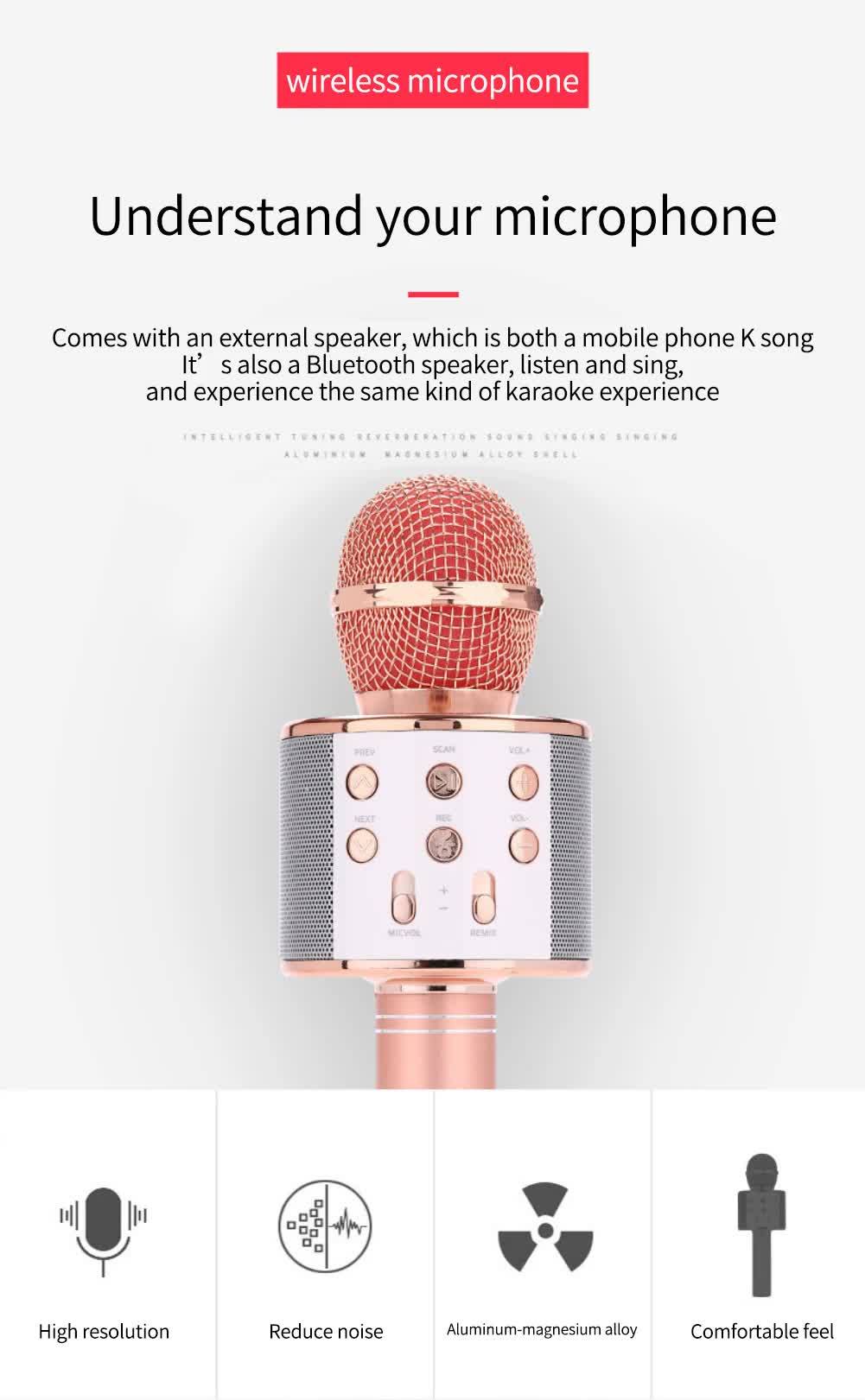 Gold Bluetooth 5.0 Karaoke Microphone for Family Entertainment