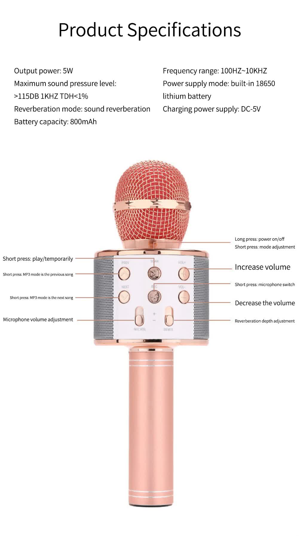Rose red Bluetooth 5.0 Karaoke Microphone for Family Entertainment