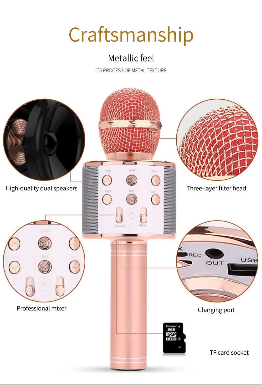 Rose red Bluetooth 5.0 Karaoke Microphone for Family Entertainment