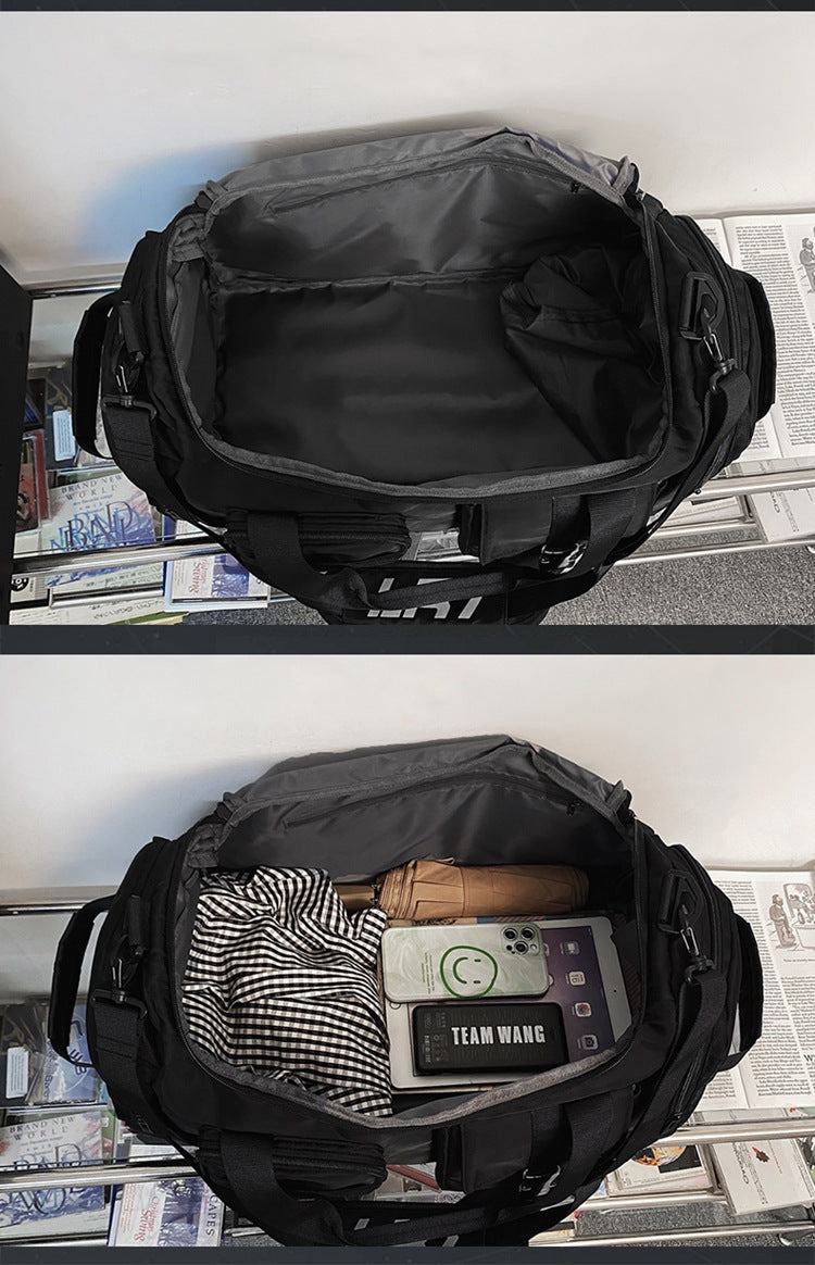 Black Unisex Travel Bag with Utility Buckles and Wet/Dry Compartments