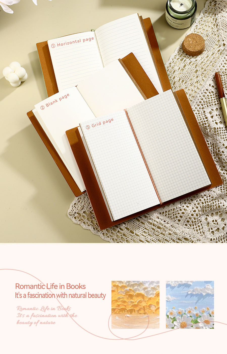 Light blue 2-Pack Vintage Floral Embossed PU Leather Journals - 192 Pages Each