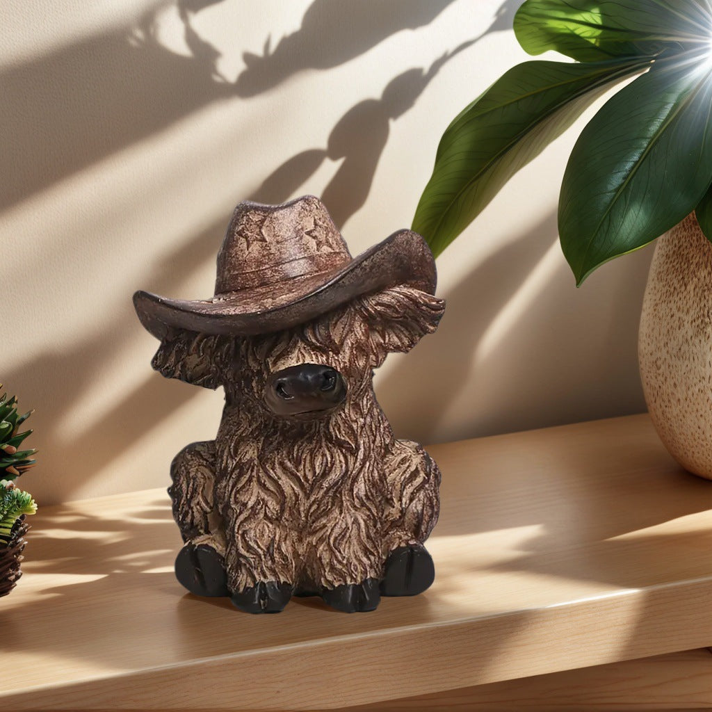 Rustic Highland Cow Statue with Cowboy Hat - Resin Farmhouse Decor