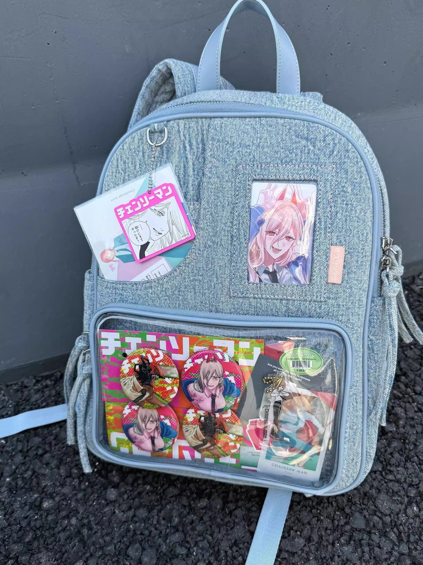 Light blue Large Capacity Anime Denim Bookbag for School Commute  Anime Fans